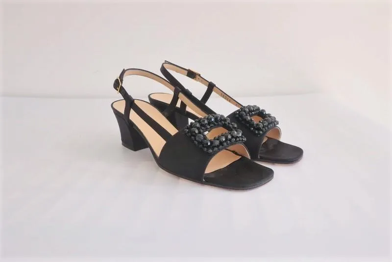 Bottega Veneta Slingback Sandals Black Beaded Satin Size 6.5 Open Toe Heel