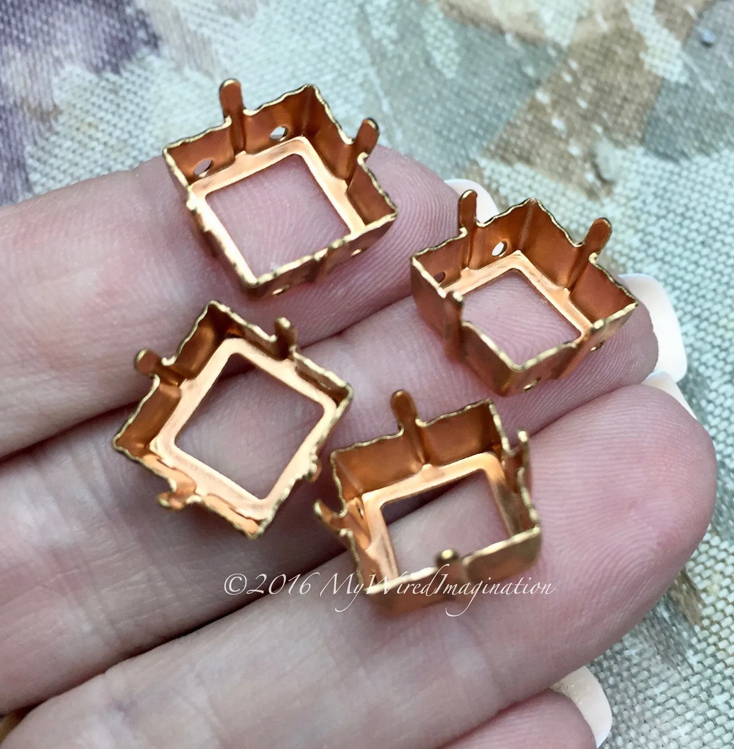 Brass & Silver Plated Sew On Setting, 2 Pieces for 12mm 4400 or 4410 Squares