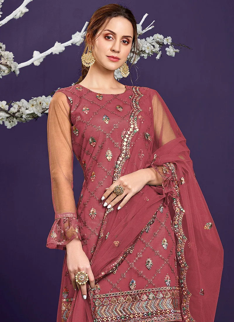 Brick Red Multi Embroidered Designer Sharara Suit