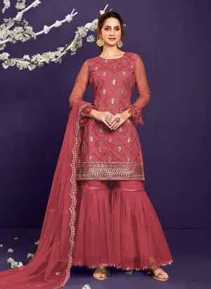 Brick Red Multi Embroidered Designer Sharara Suit