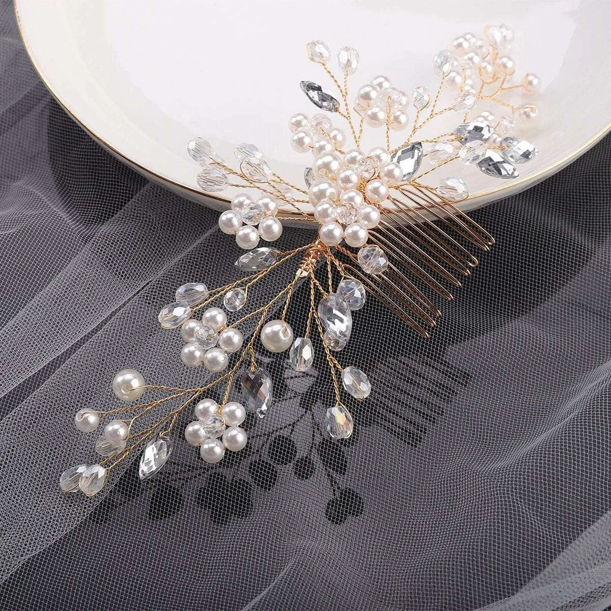 Bridal Delicate White Pearl Hair Comb, Rhinestone Crystals Wedding Hairpiece, Bridesmaid Pearl Hair Accessory