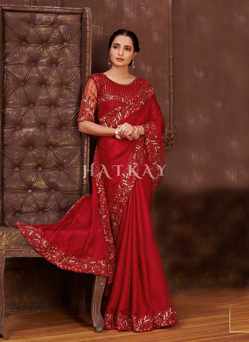 Bridal Red Embroidered Wedding Wear Indian Saree