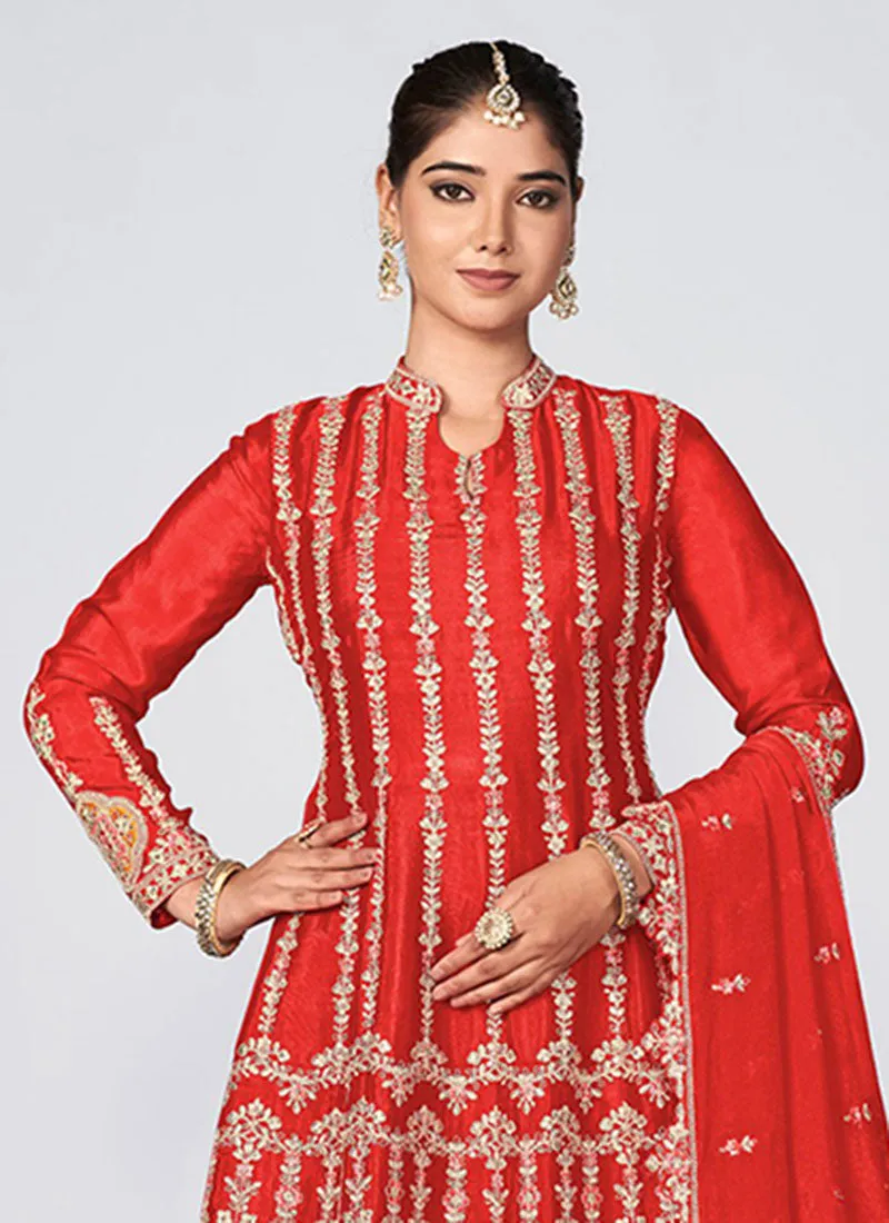Bridal Red Multi Embroidery Traditional Palazzo Style Suit
