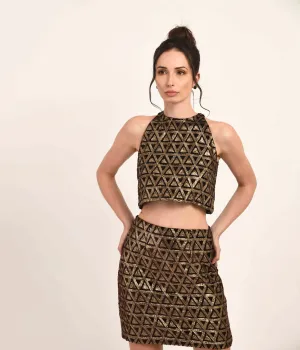 Brown & Gold Geo Patterned Embellished Crop top with Skirt
