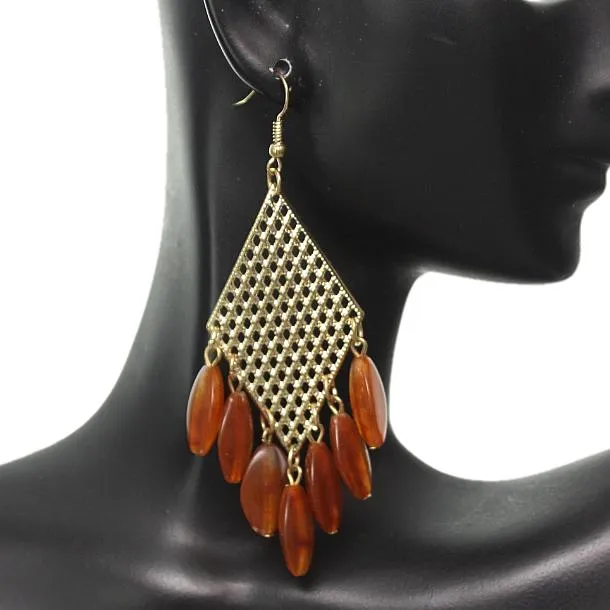 Brown Beaded Filigree Caged Dangle Earrings