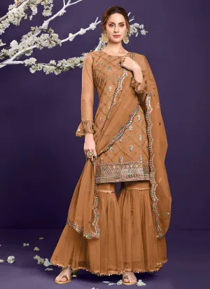 Brown Multi Embroidered Designer Sharara Suit