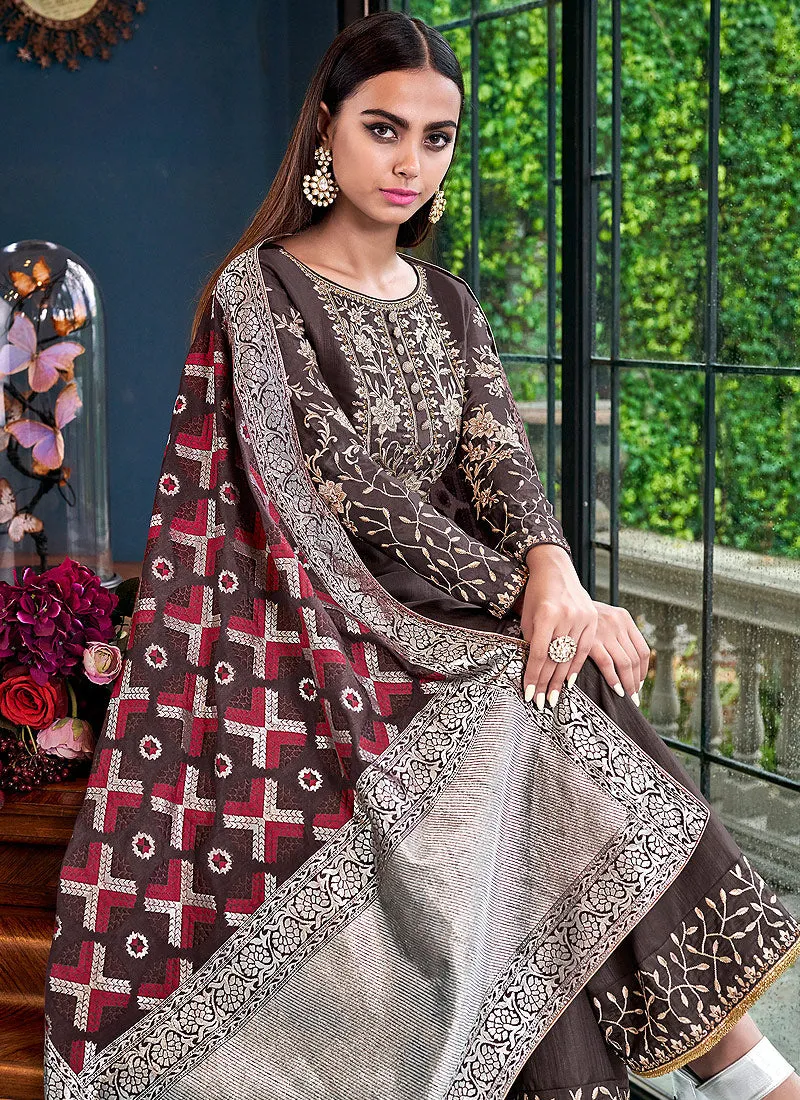 Brown Overall Embroidered Silk Palazzos Pant Suit