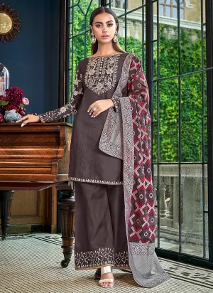 Brown Overall Embroidered Silk Palazzos Pant Suit