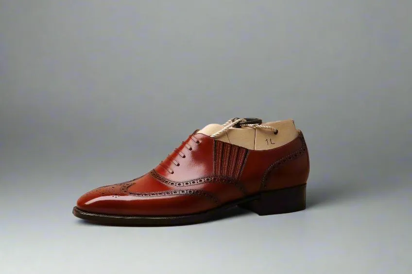Burgundy Leather Midara Slip On Elasticated Loafers With Brogue - Formal Shoes