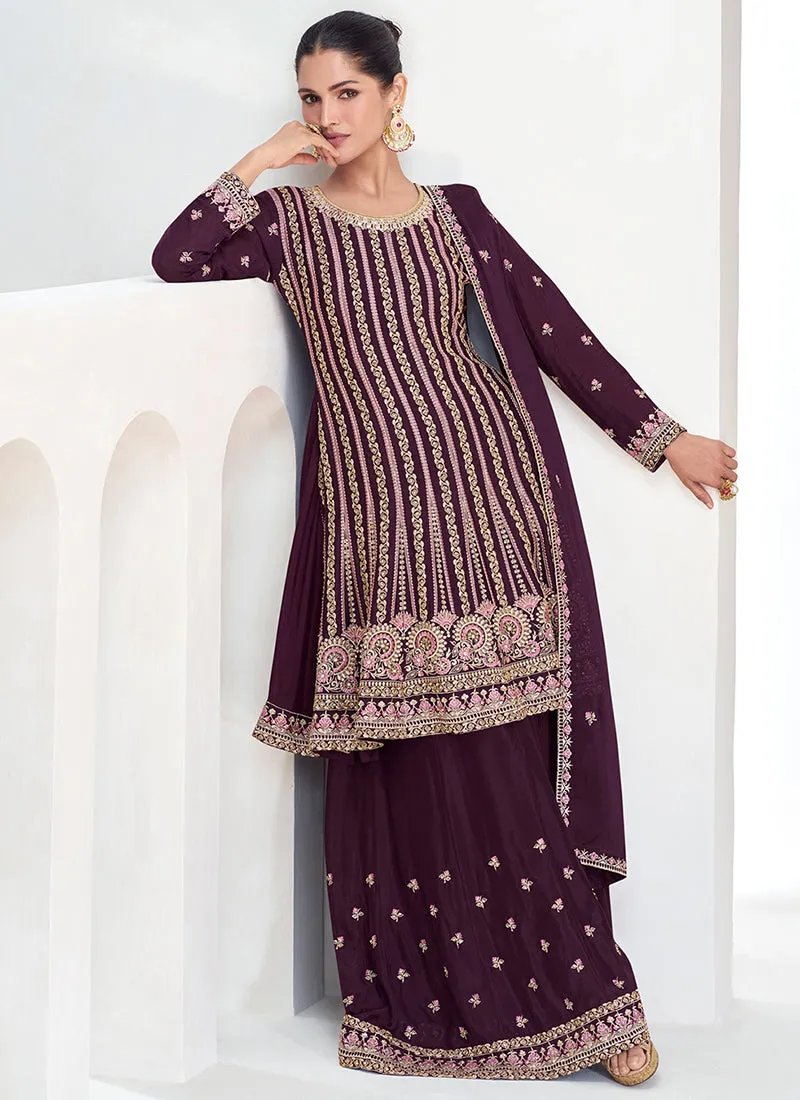 Burgundy Multi Embroidery Gharara Style Suit