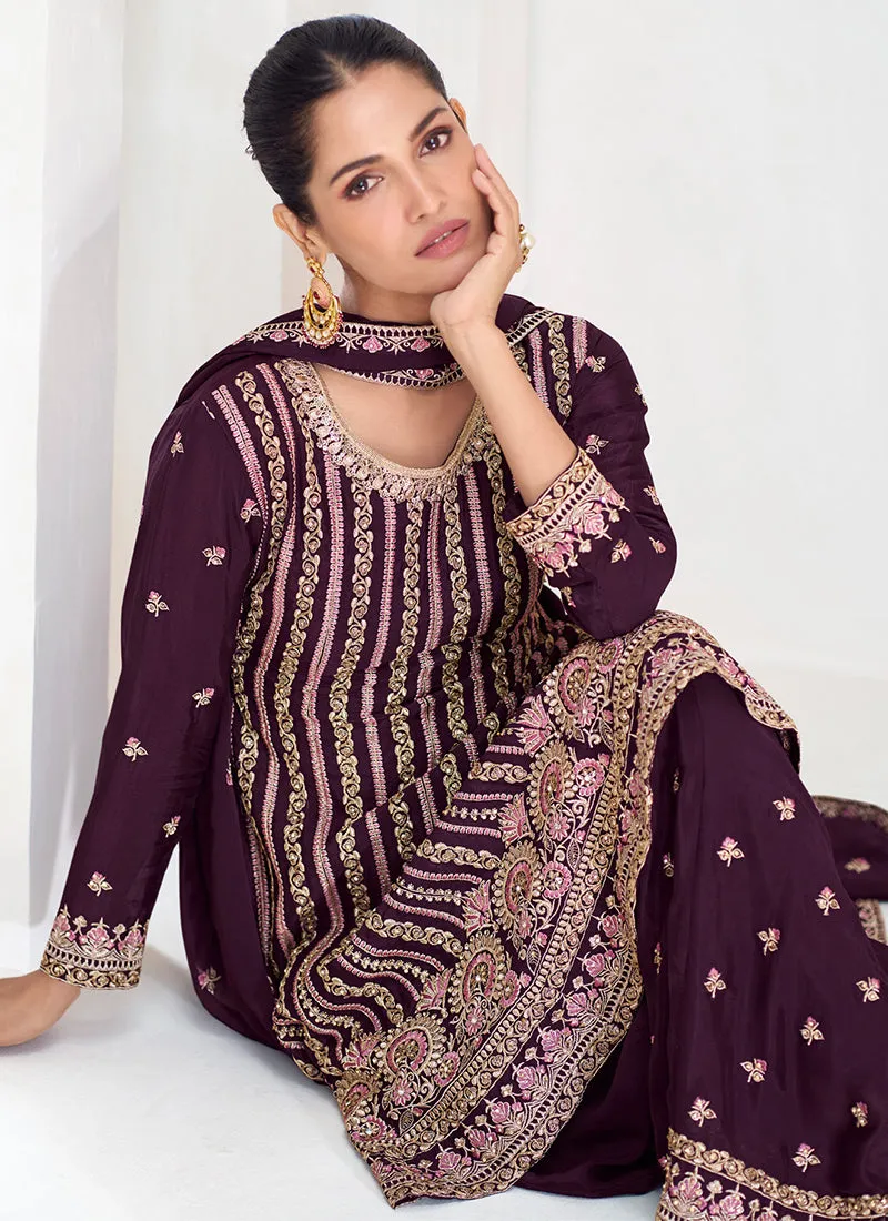 Burgundy Multi Embroidery Gharara Style Suit