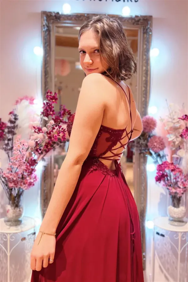 Burgundy Plunging V Neck Beaded Appliques Long Prom Dress With Slit APP0767