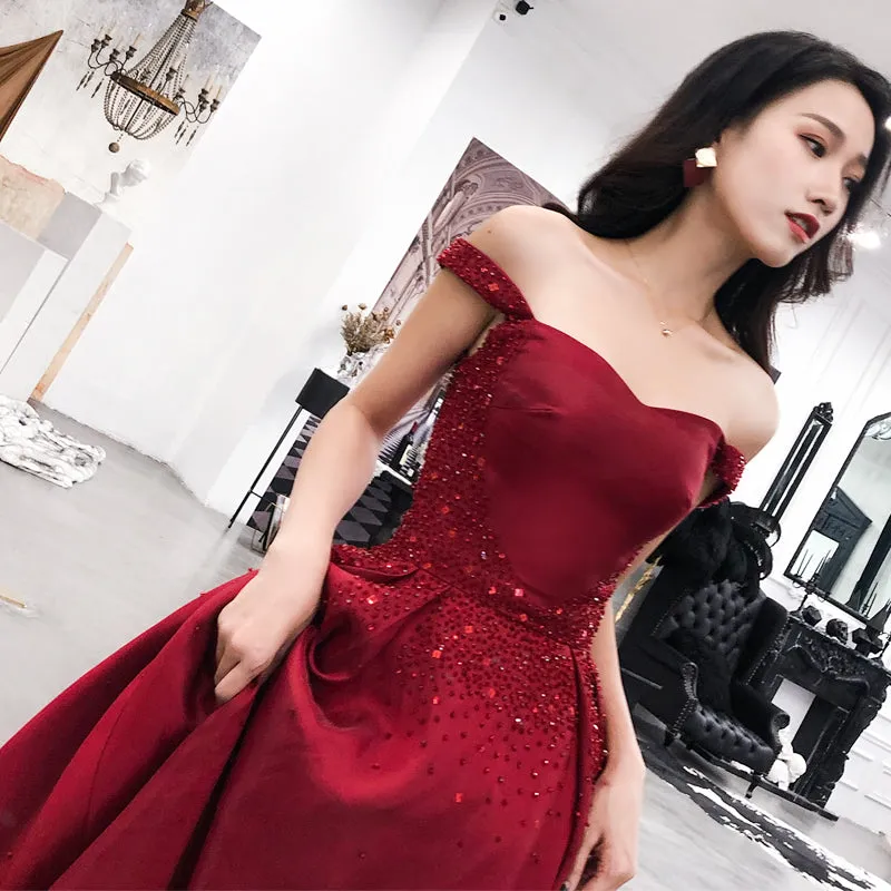 Burgundy Satin Long Sweetheart Beaded Evening Dress, Wine Red Prom Dress