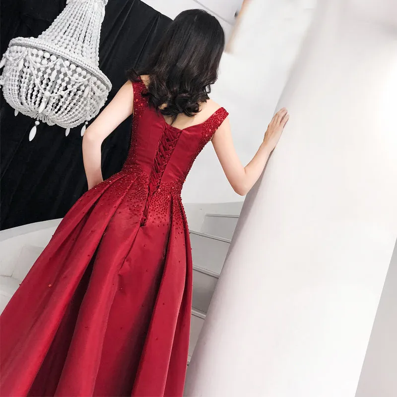 Burgundy Satin Long Sweetheart Beaded Evening Dress, Wine Red Prom Dress