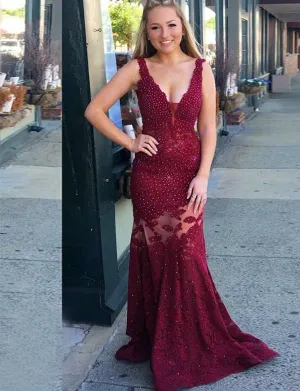 Burgundy V Neck Prom Dresses Beaded Mermaid Lace Long See Through Evening Dresses