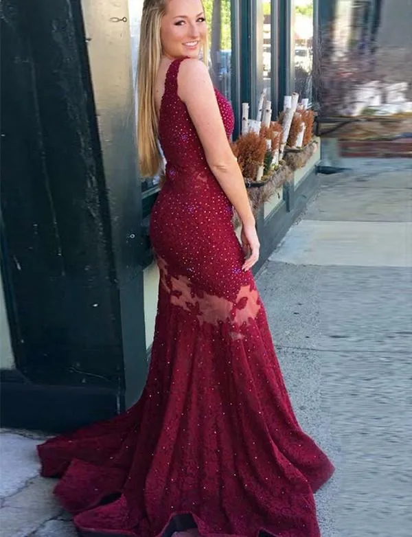 Burgundy V Neck Prom Dresses Beaded Mermaid Lace Long See Through Evening Dresses