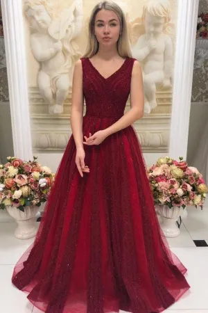 Burgundy V Neck Sleeveless Beaded Prom Dress Sweep Train Dresses OKO89