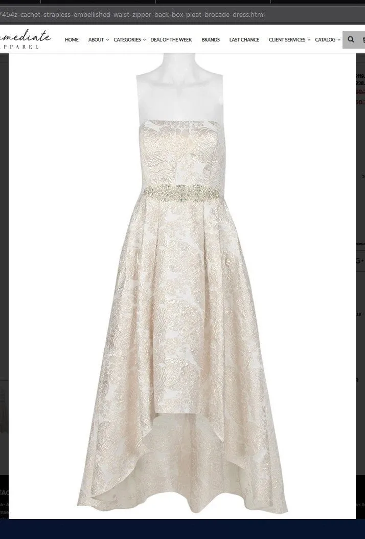 Cachet 57454Z  Strapless Embellished Waist Zipper Back Box Pleat Brocade Dress