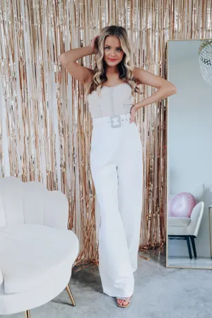 Carrington Strapless Rhinestone Jumpsuit - Nude/White