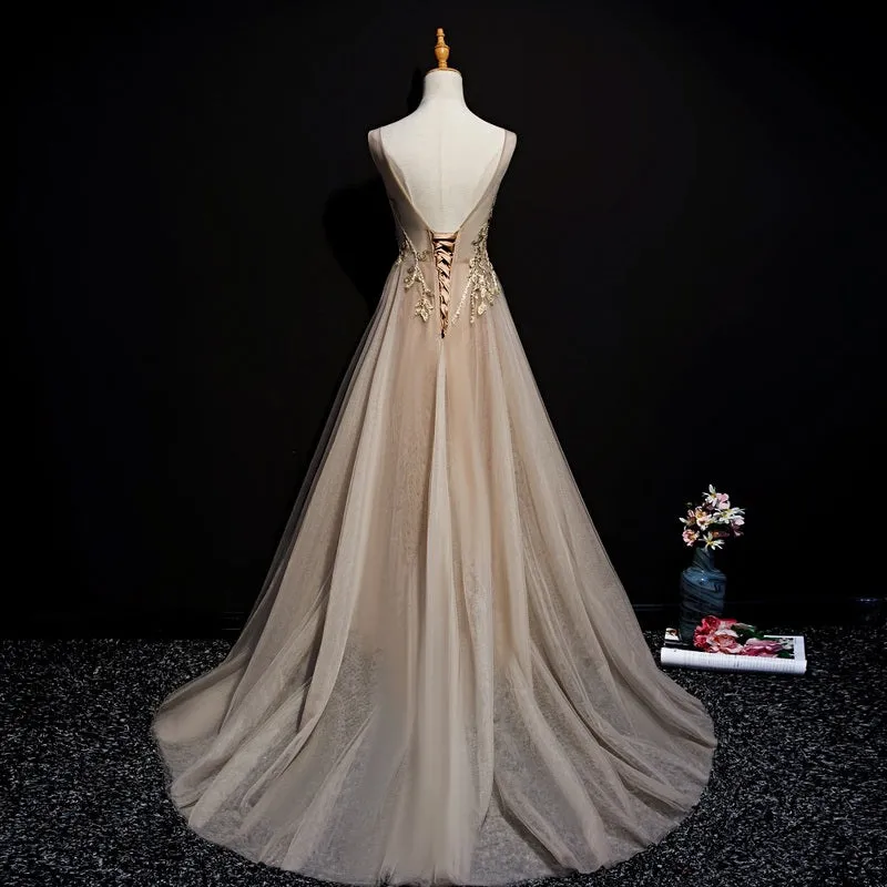 Champagne Lace and Flowers Beaded Tulle Long Prom Dress, A-line V-neckline Evening Dresses