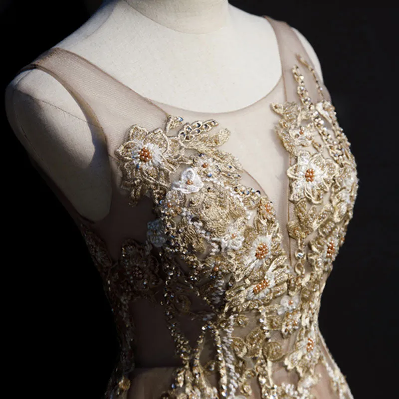 Champagne Lace and Flowers Beaded Tulle Long Prom Dress, A-line V-neckline Evening Dresses