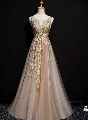 Champagne Lace and Flowers Beaded Tulle Long Prom Dress, A-line V-neckline Evening Dresses