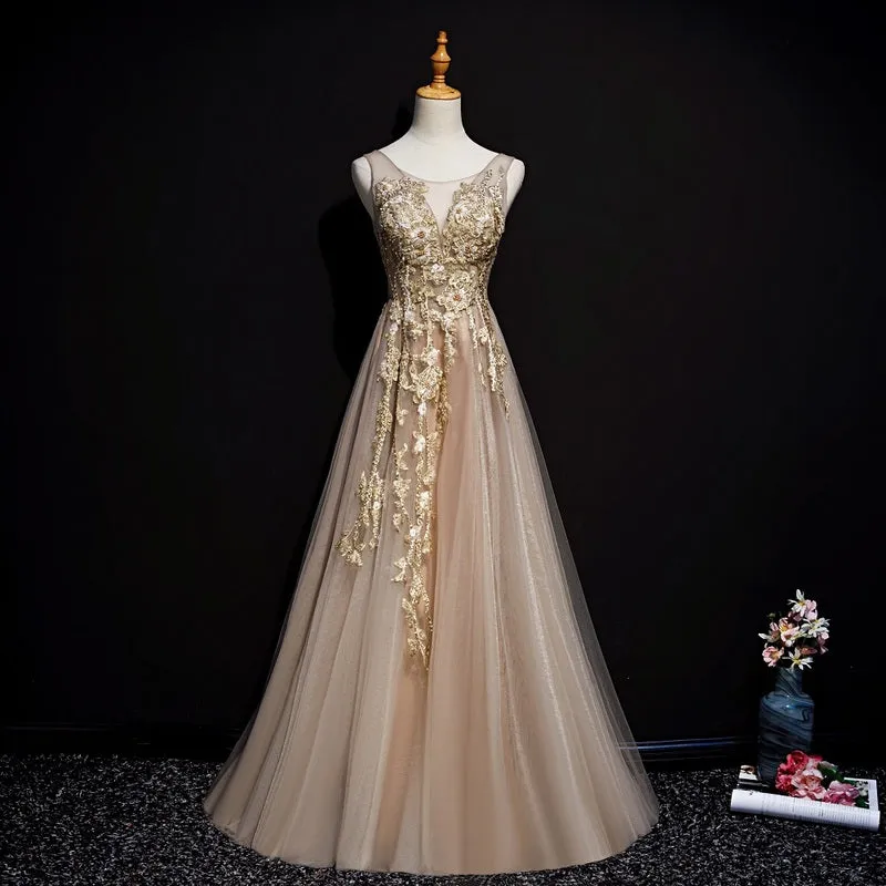 Champagne Lace and Flowers Beaded Tulle Long Prom Dress, A-line V-neckline Evening Dresses