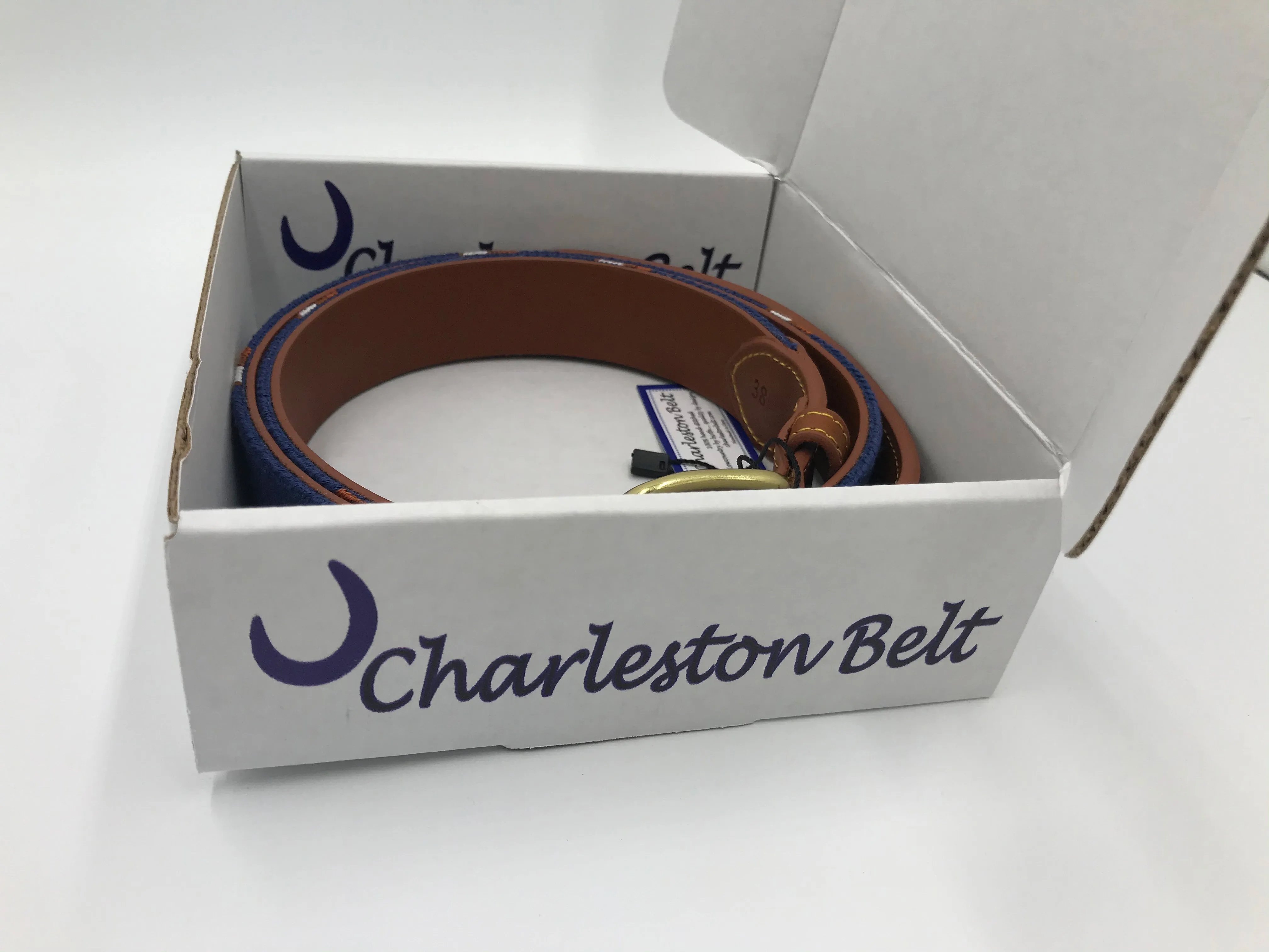 Charleston Belt Yellow Dog Fishing Ocean Blue and Tan Needlepoint - Boys