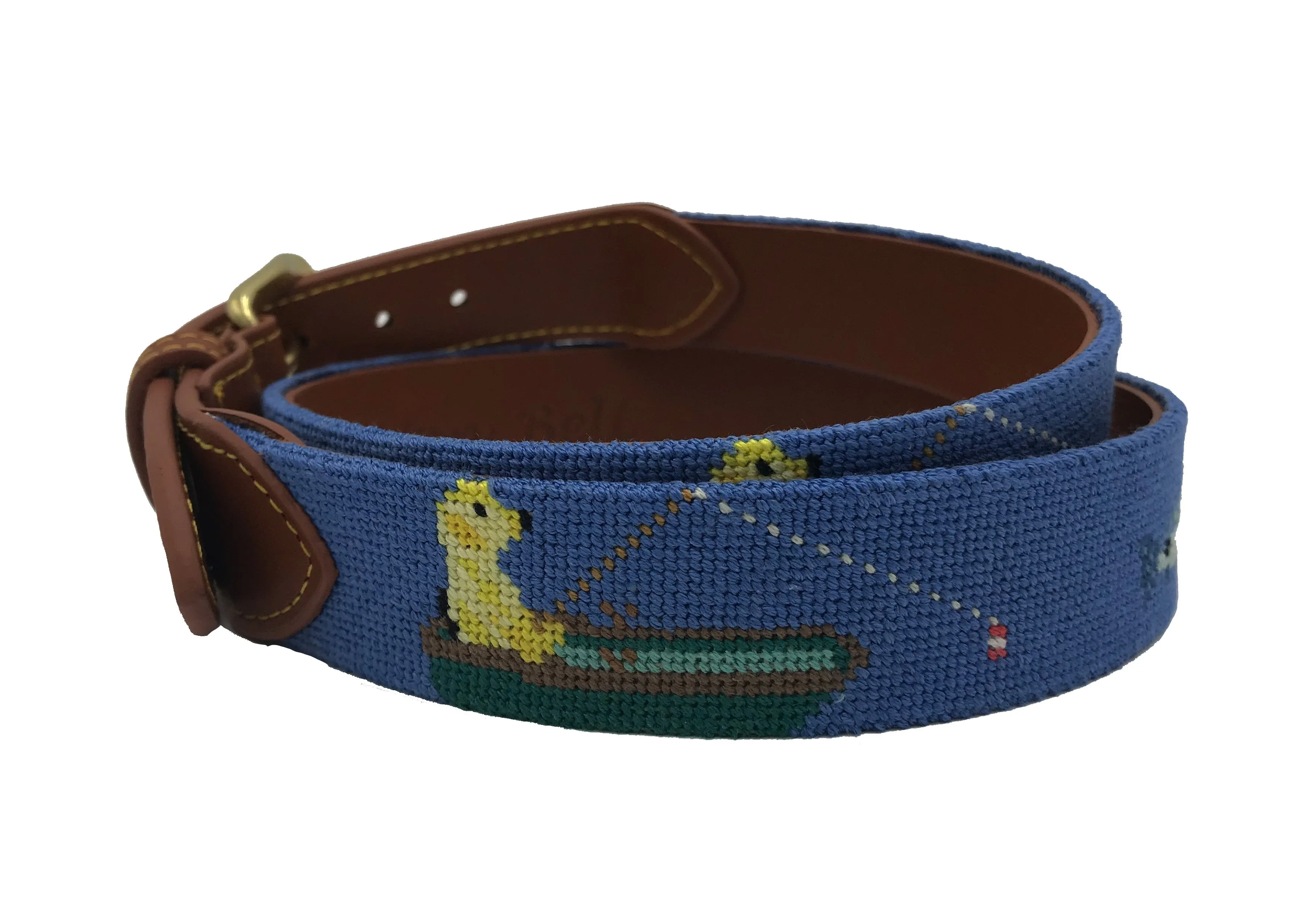 Charleston Belt Yellow Dog Fishing Ocean Blue and Tan Needlepoint - Boys
