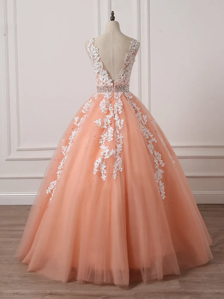 Charming Coral Princess V-neckline Formal Dress, Lace Applique Beaded Prom Dress