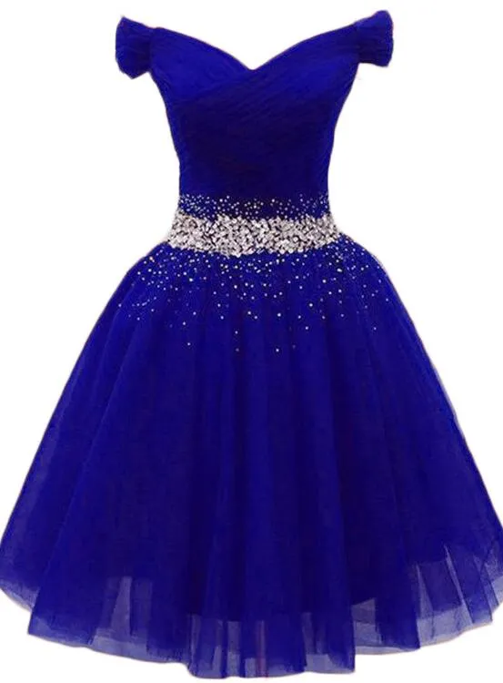 Charming Royal Blue Tulle Party Dress, Beaded Short Homecoming Dress