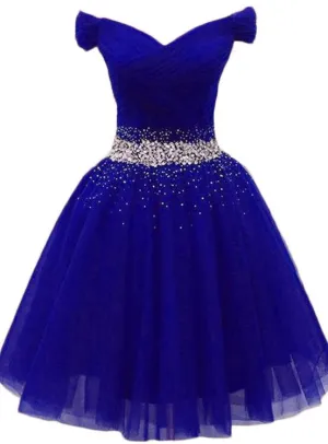 Charming Royal Blue Tulle Party Dress, Beaded Short Homecoming Dress