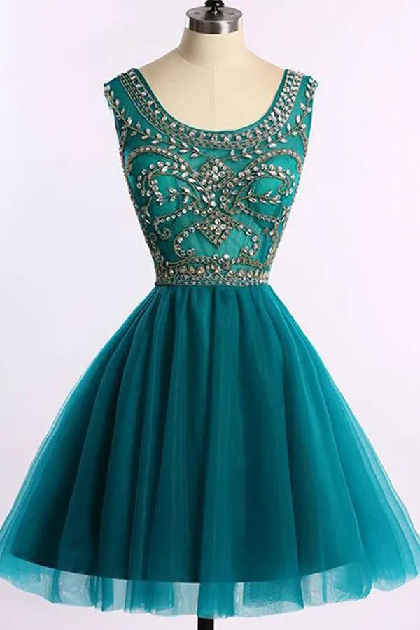 Cheap Green Beaded Tulle A-line Short Prom Dress, Homecoming Dresses, MH329