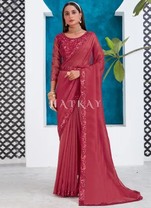 Cherry Red Sequence Embroidery Silk Saree