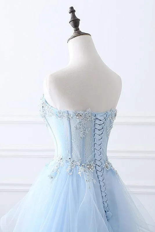 Chic A-line Sweetheart Floor-length Sweep Train Sleeveless Lace Long Tulle Prom Dress/Evening Dress OHC199