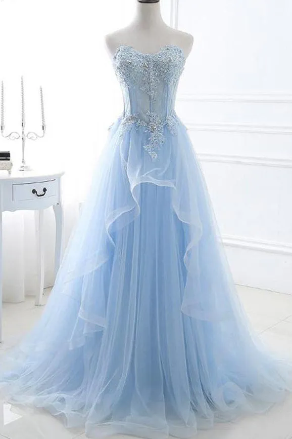 Chic A-line Sweetheart Floor-length Sweep Train Sleeveless Lace Long Tulle Prom Dress/Evening Dress OHC199