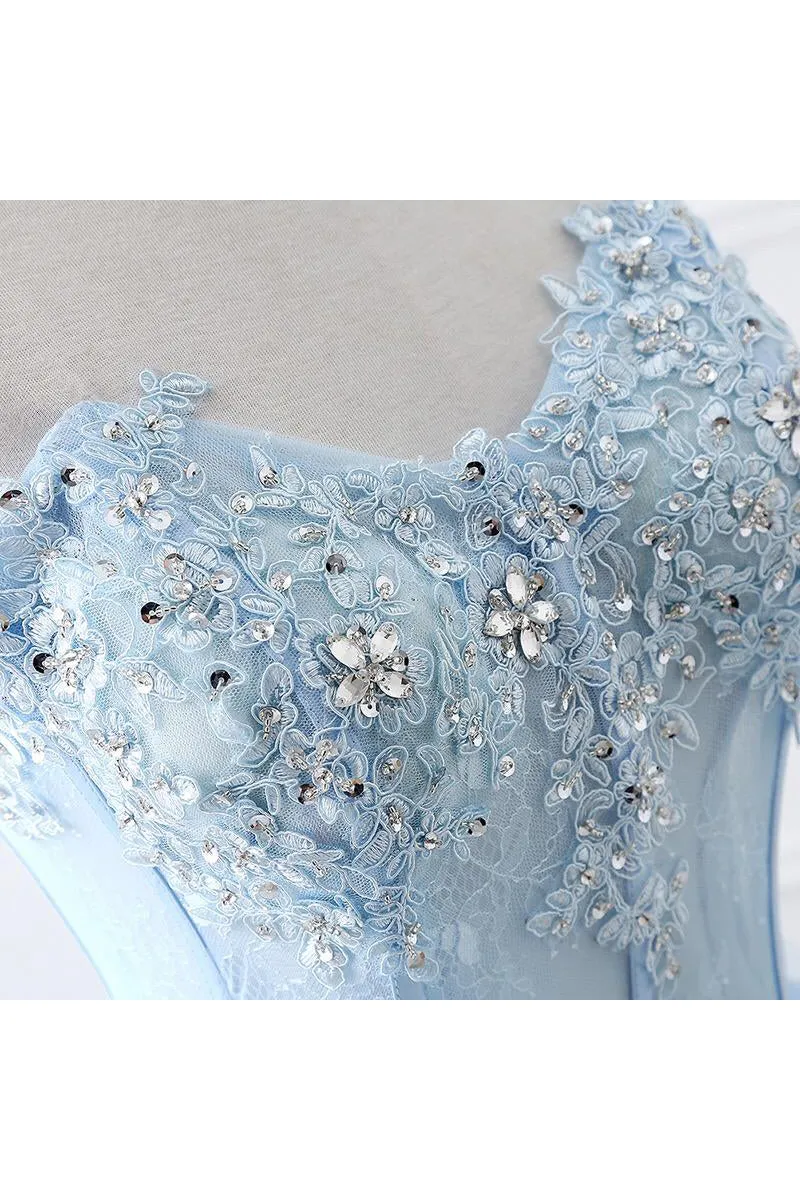 Chic A-line Sweetheart Floor-length Sweep Train Sleeveless Lace Long Tulle Prom Dress/Evening Dress OHC199