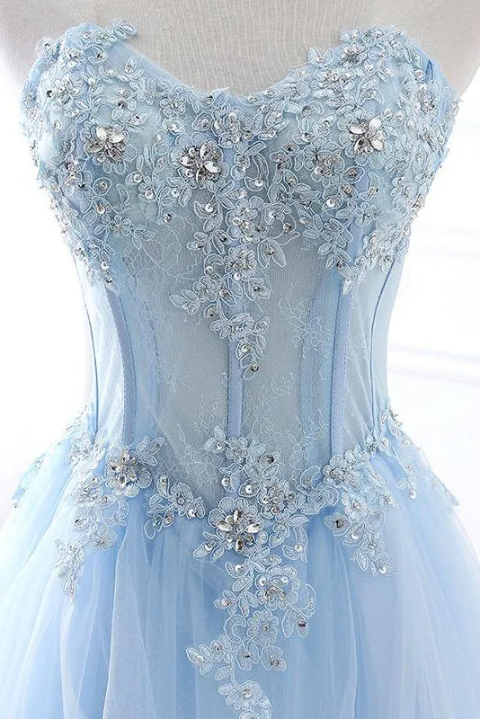 Chic A-line Sweetheart Floor-length Sweep Train Sleeveless Lace Long Tulle Prom Dress/Evening Dress OHC199