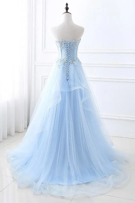 Chic A-line Sweetheart Floor-length Sweep Train Sleeveless Lace Long Tulle Prom Dress/Evening Dress OHC199