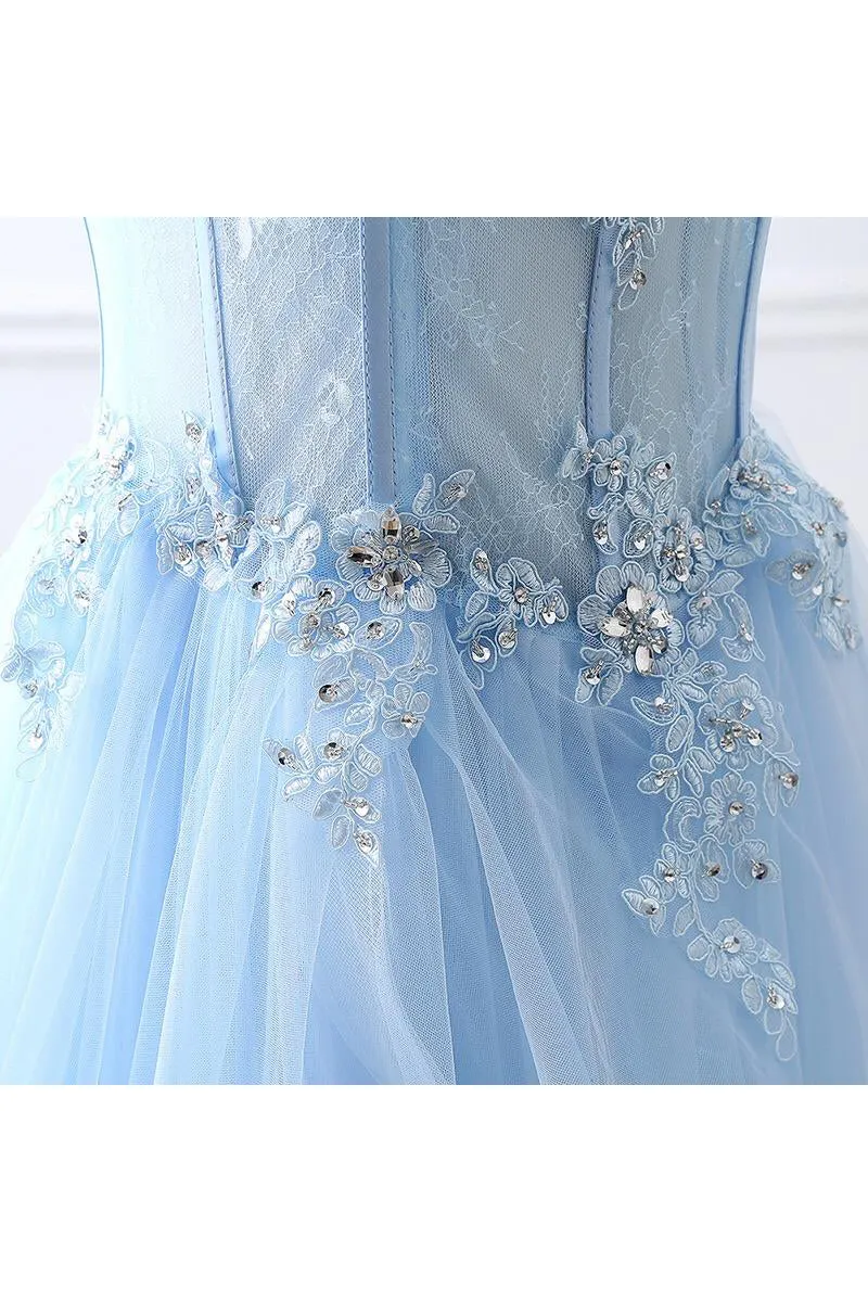 Chic A-line Sweetheart Floor-length Sweep Train Sleeveless Lace Long Tulle Prom Dress/Evening Dress OHC199