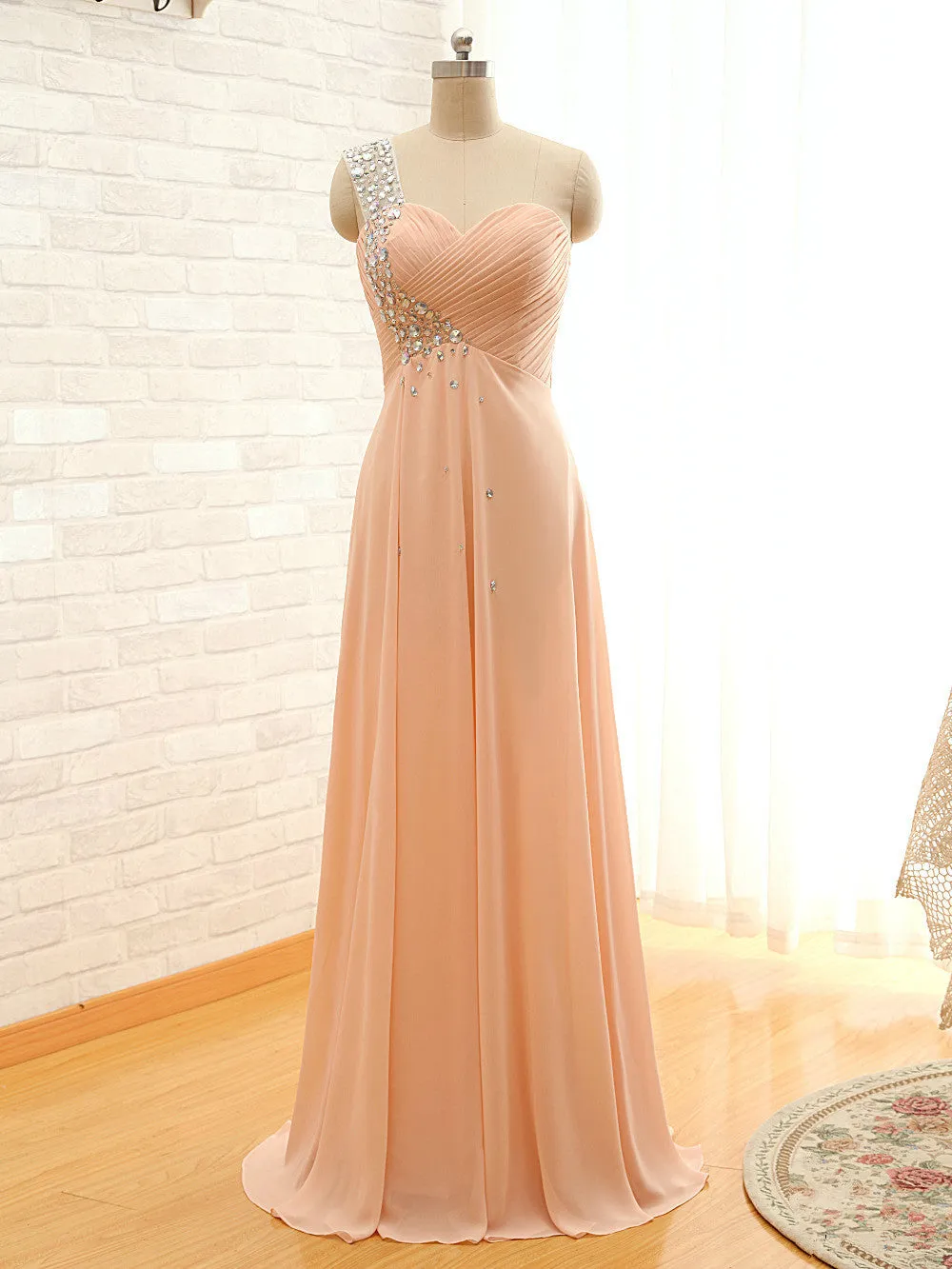 Chiffon One Shoulder Beaded Long Party Dress, Beautiful Prom Dresses