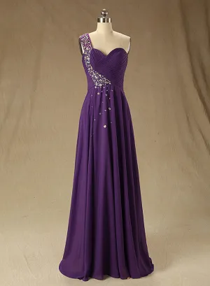 Chiffon One Shoulder Beaded Long Party Dress, Beautiful Prom Dresses