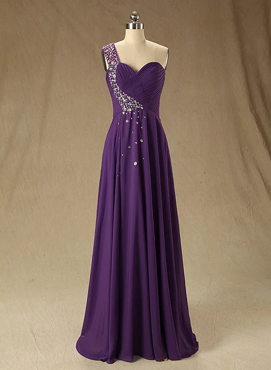 Chiffon One Shoulder Beaded Long Party Dress, Beautiful Prom Dresses