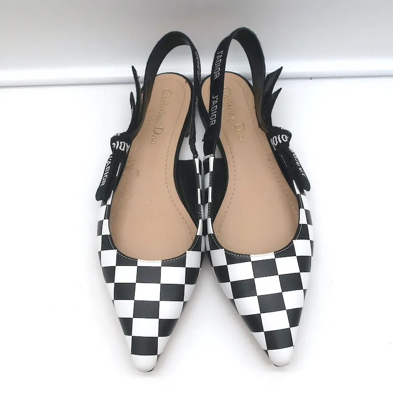 Christian Dior J'Adior Slingback Flats Black & White Checkered Leather Size 38