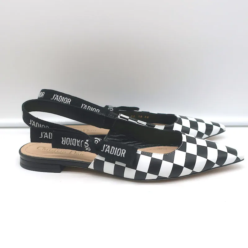 Christian Dior J'Adior Slingback Flats Black & White Checkered Leather Size 38