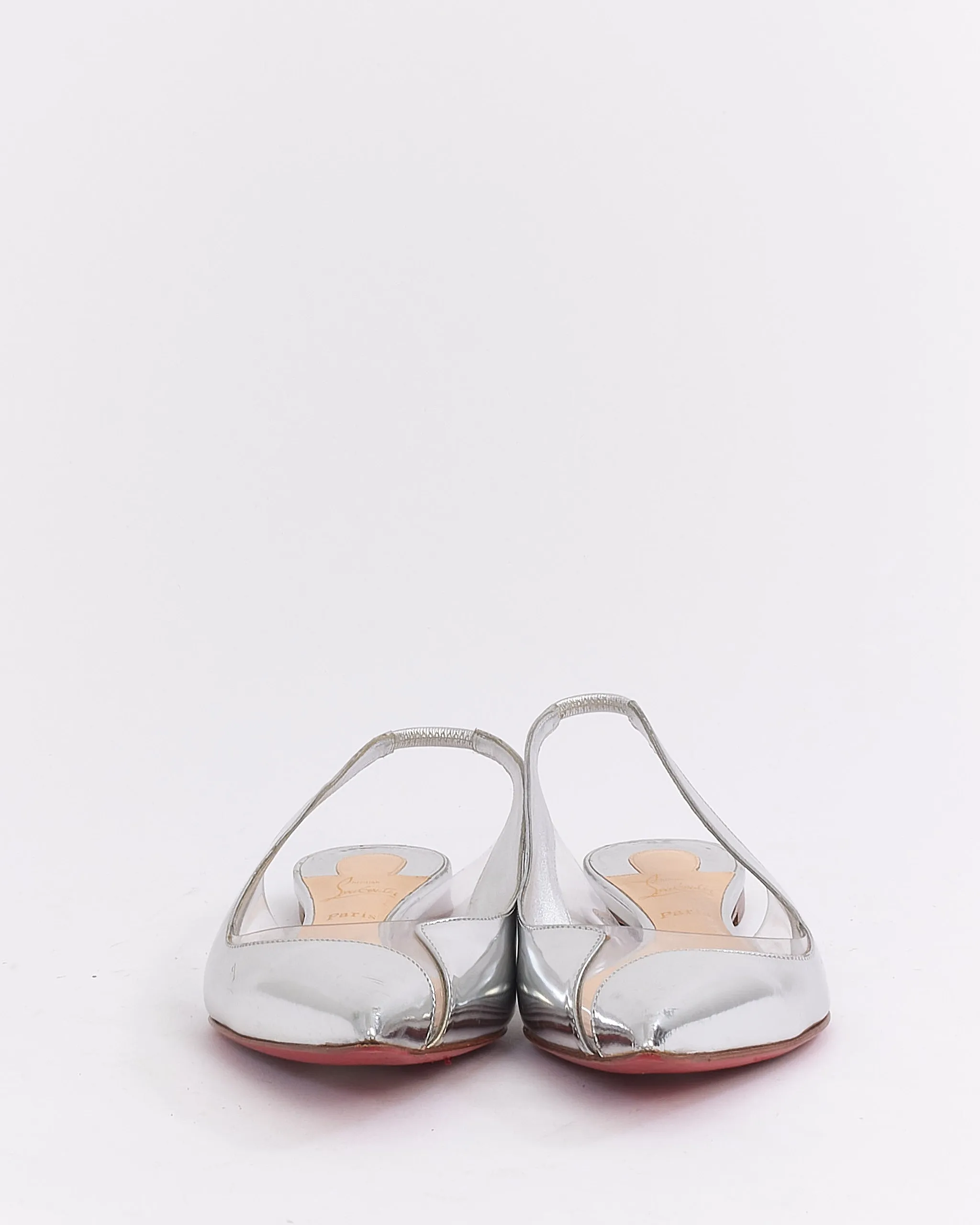 Christian Louboutin Silver Metallic Leather Cut Out Slingback Flats - 37.5