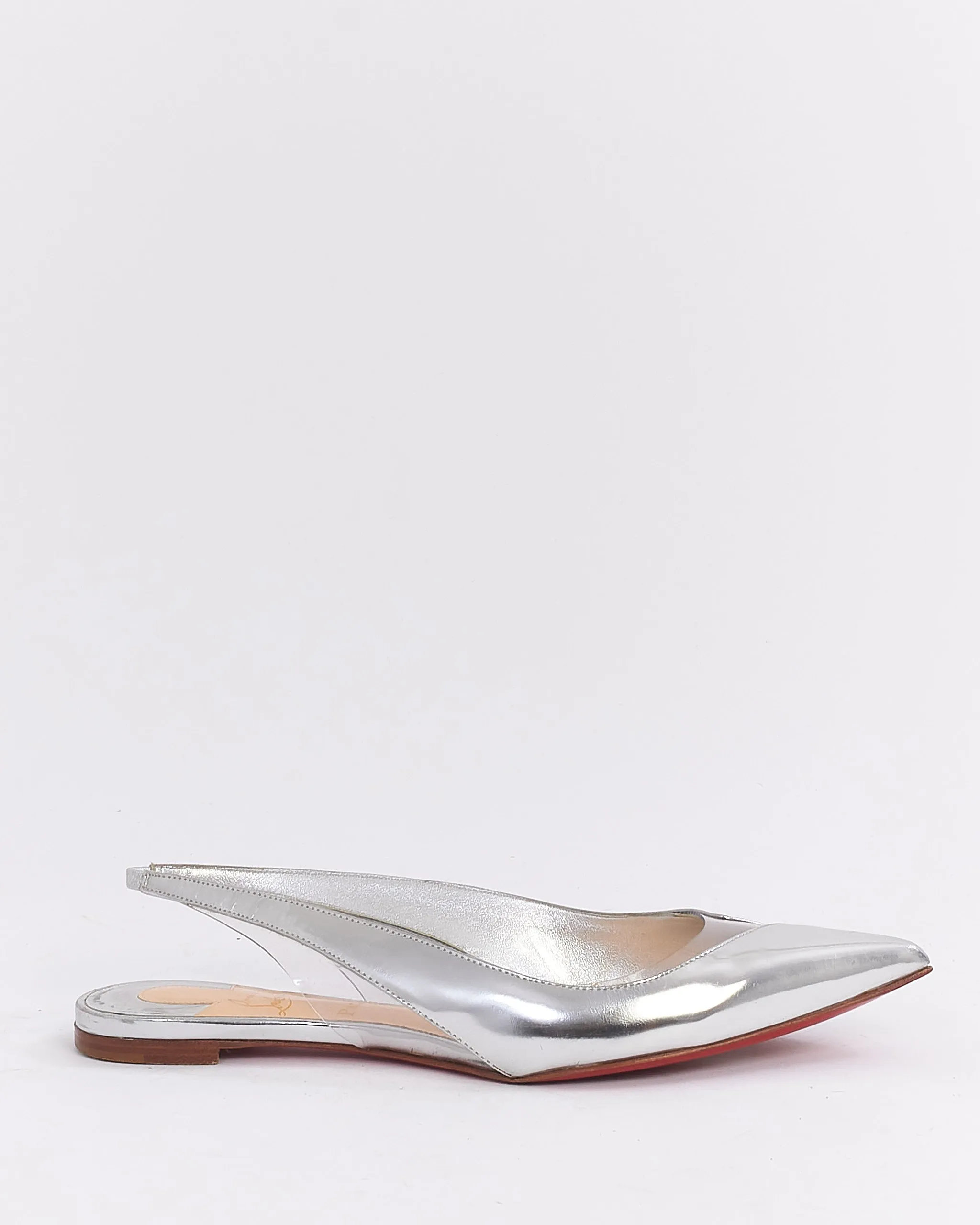 Christian Louboutin Silver Metallic Leather Cut Out Slingback Flats - 37.5