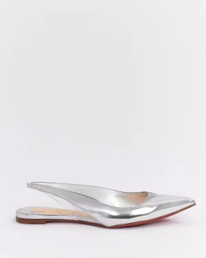 Christian Louboutin Silver Metallic Leather Cut Out Slingback Flats - 37.5