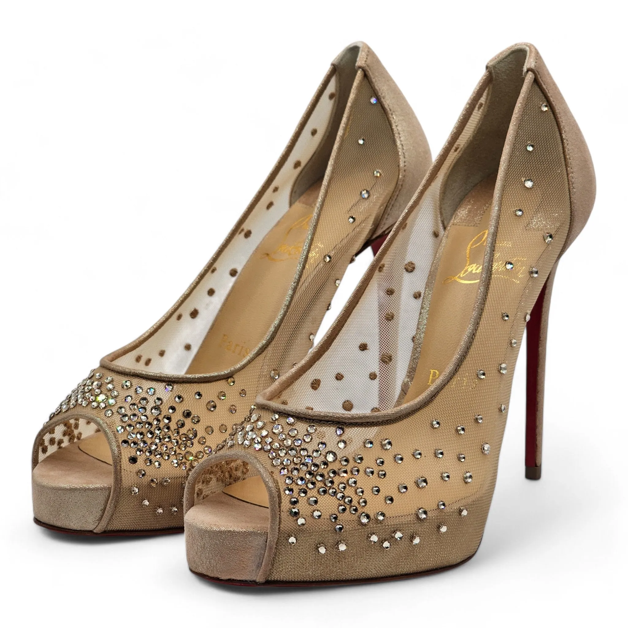 Christian Louboutin Very Strass Peep Pumps 120mm - Net - Nude 41