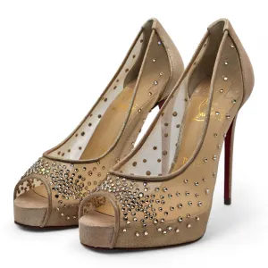 Christian Louboutin Very Strass Peep Pumps 120mm - Net - Nude 41